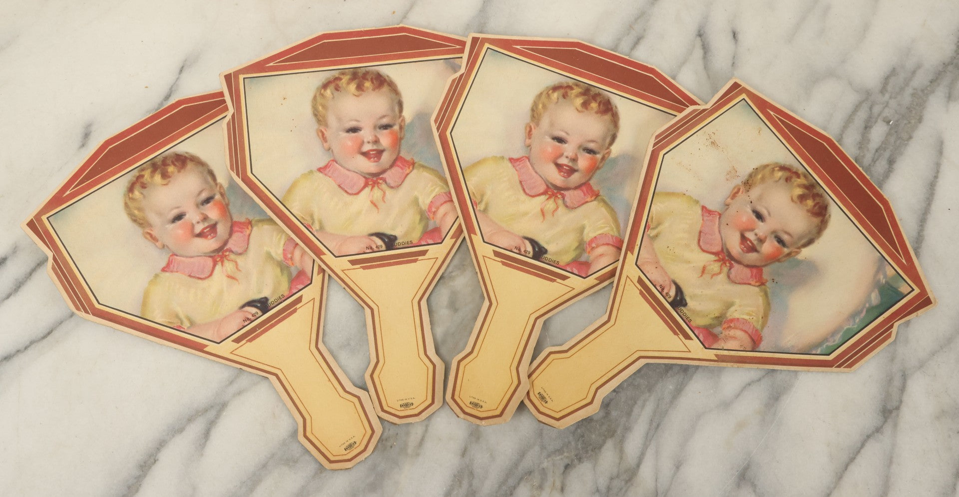 Lot 118 - Grouping Of Four Vintage Paper Advertising Fans For Lowell's Dairy, Mendon, Massachusetts, Pasteurized Milk And Cream, Homemade Ice Cream, Dairy Spa, Lithographed In U.S.A., No. 429, "Buddies"