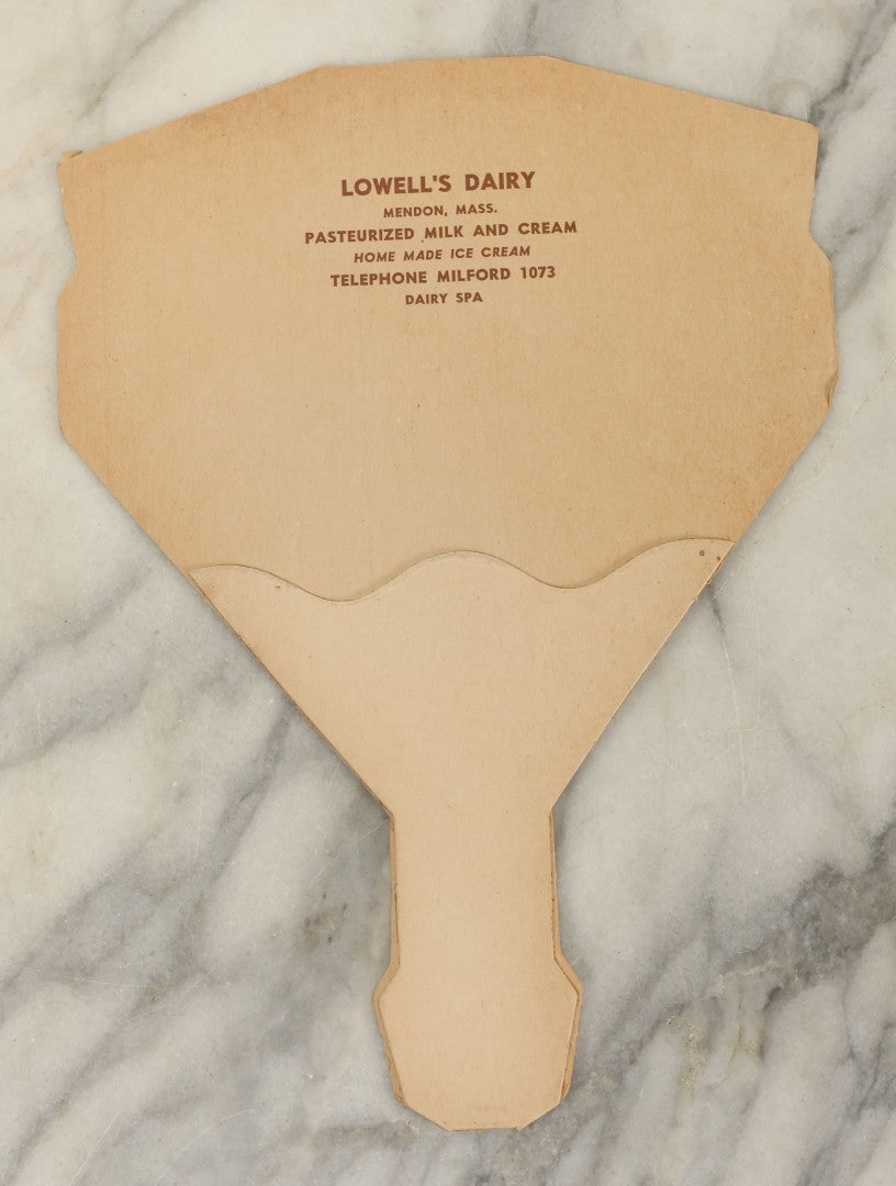 Lot 118 - Grouping Of Four Vintage Paper Advertising Fans For Lowell's Dairy, Mendon, Massachusetts, Pasteurized Milk And Cream, Homemade Ice Cream, Dairy Spa, Lithographed In U.S.A., No. 429, "Buddies"