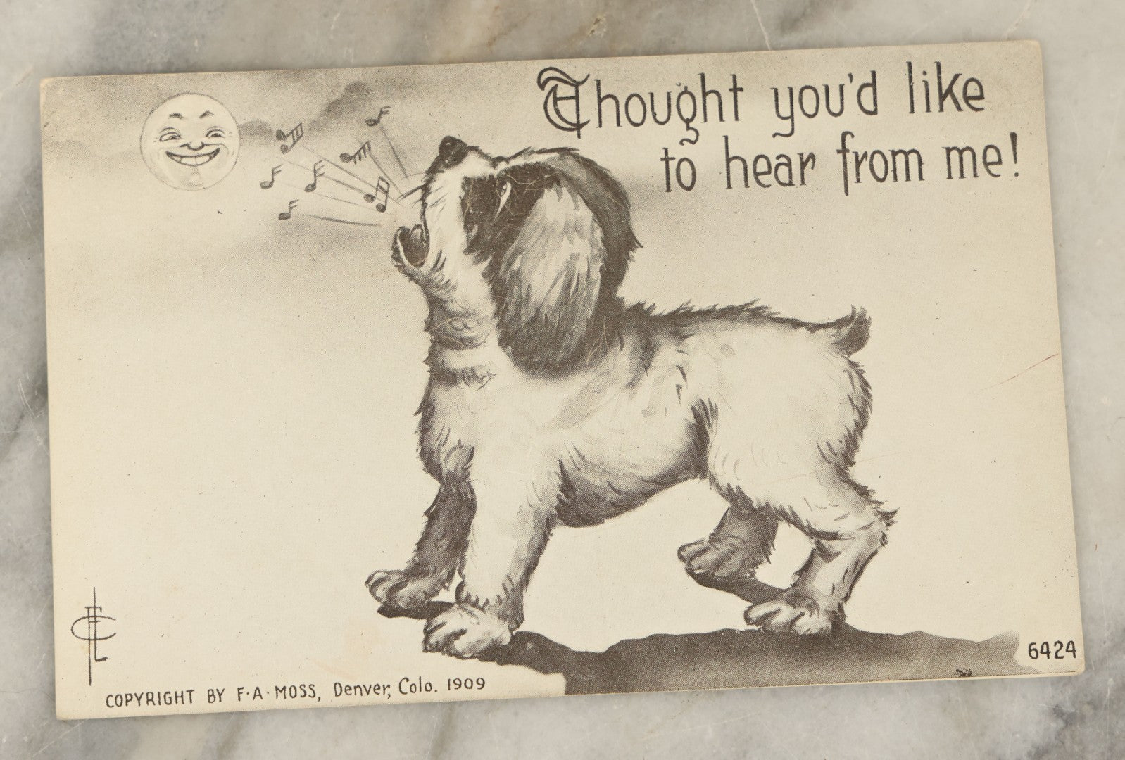 Lot 120 - Antique Comic Illustrated Postcard Of A Dog Howling At The Man In The Moon, "I Thought You'D Like To Hear From Me," Copyright 1909, F.A. Moss, Denver, Colorado, Postmarked 1910
