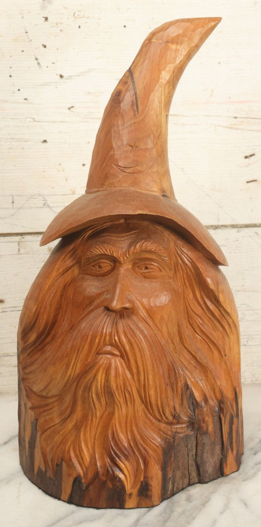 Lot 007 - Vintage Hand Carved Wooden Wizard Folk Art Sculpture, Artist Signed, David Smus, 1990