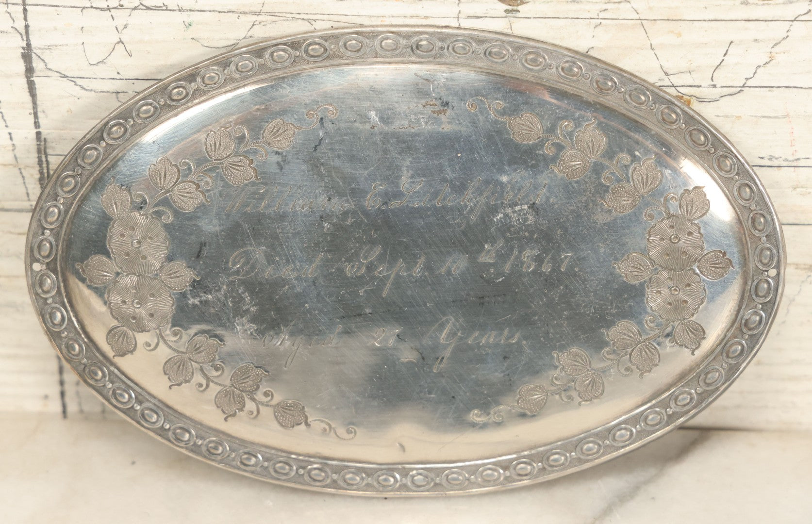 Lot 012 - Antique Silverplate Casket Memorial Plaque For William E. Litchfield, Died September 10th, 1867, Aged 24 Years Old