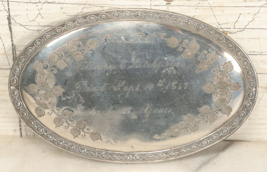 Lot 012 - Antique Silverplate Casket Memorial Plaque For William E. Litchfield, Died September 10th, 1867, Aged 24 Years Old