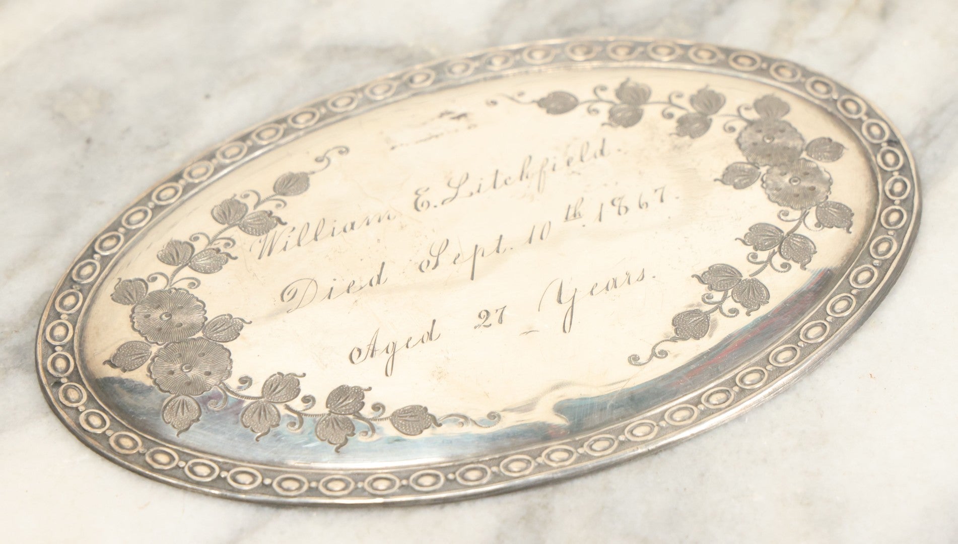Lot 012 - Antique Silverplate Casket Memorial Plaque For William E. Litchfield, Died September 10th, 1867, Aged 24 Years Old