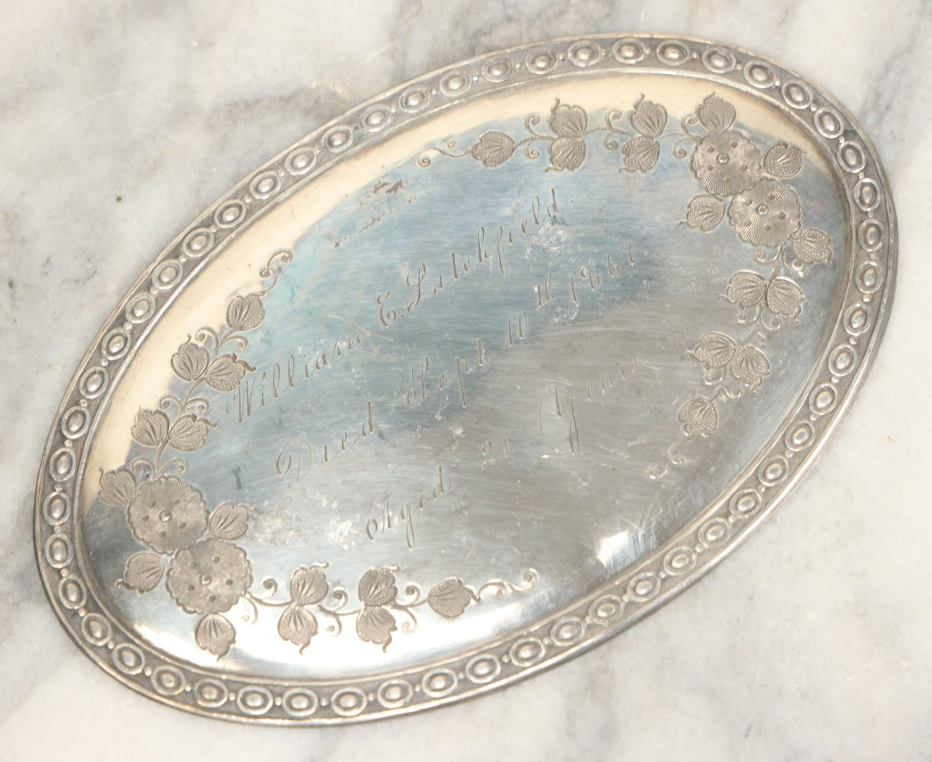 Lot 012 - Antique Silverplate Casket Memorial Plaque For William E. Litchfield, Died September 10th, 1867, Aged 24 Years Old