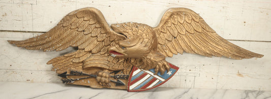 Lot 017 - Large Vintage Cast Aluminum Painted Eagle Wall Hanger, Patriotic Americana Decor, Holding Shield And Arrows, 41" Wingspan