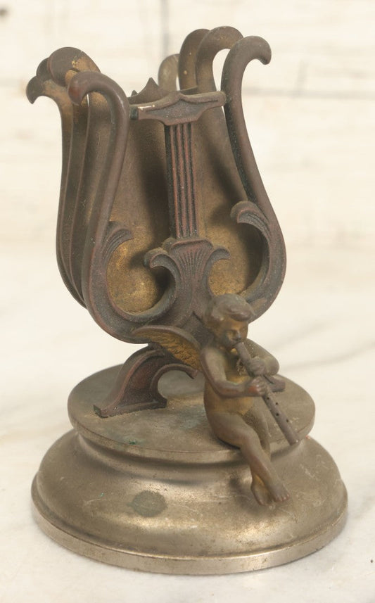 Lot 023 - Antique Figural Sheet Music Or Letter Holder With Cherub Playing Flute Motif, Cast Spelter / Brass