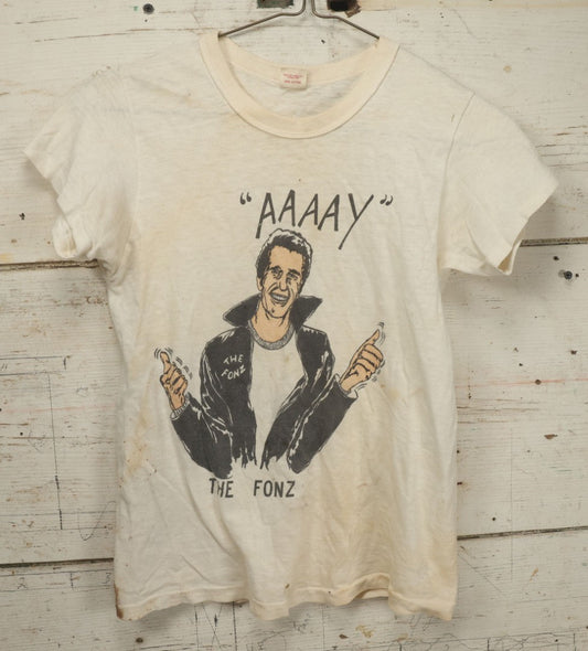 Lot 039 - Vintage "The Fonz" / "Aaaay" Single Stitch T-Shirt From T.V. Show "Happy Days," Hanes T-Shirt- Marked Size 14, Very Small (Measurements In Description), Note Severe Staining On Back, Various Holes