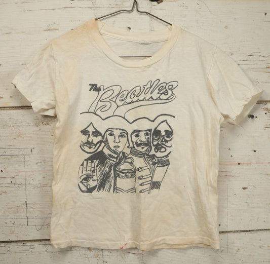 Lot 040 - Vintage "The Beatles" Single Stitched Band T-Shirt, Fruit Of The Loom T-Shirt, Marked Size 14, Very Small (Measurements In Description), Worn/Faded Tag, Note Various Staining, Wear