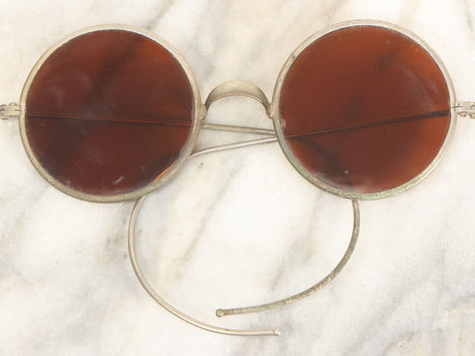 Lot 048 - Antique Orange Amber Glass Colored Sunglasses In Silver Tone Frames, Round Lenses, No Markings, No Cracks Or Chips