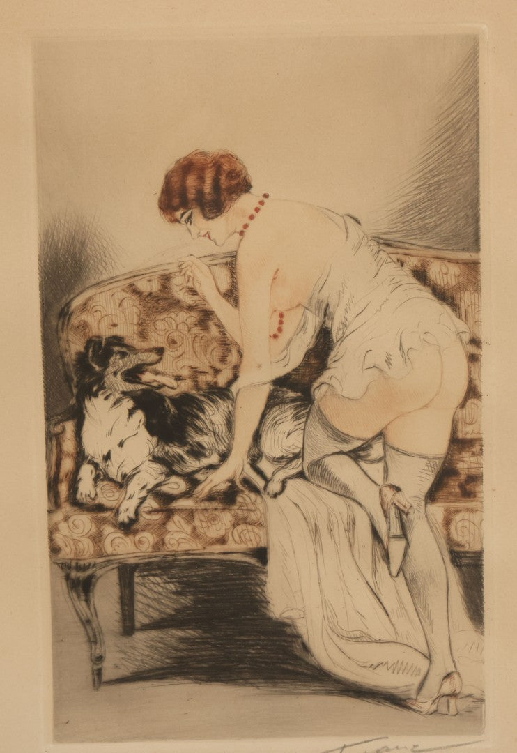 Lot 071 - Vintage French Etching In Frame, Scantily Clad, Partially Nude Woman Playing With Dog On Sofa, In The Style Of Louis Icart, Artist Signed In Pencil Lower Right, Illegible, Overall Dimensions 12-3/4" x 15-1/2"