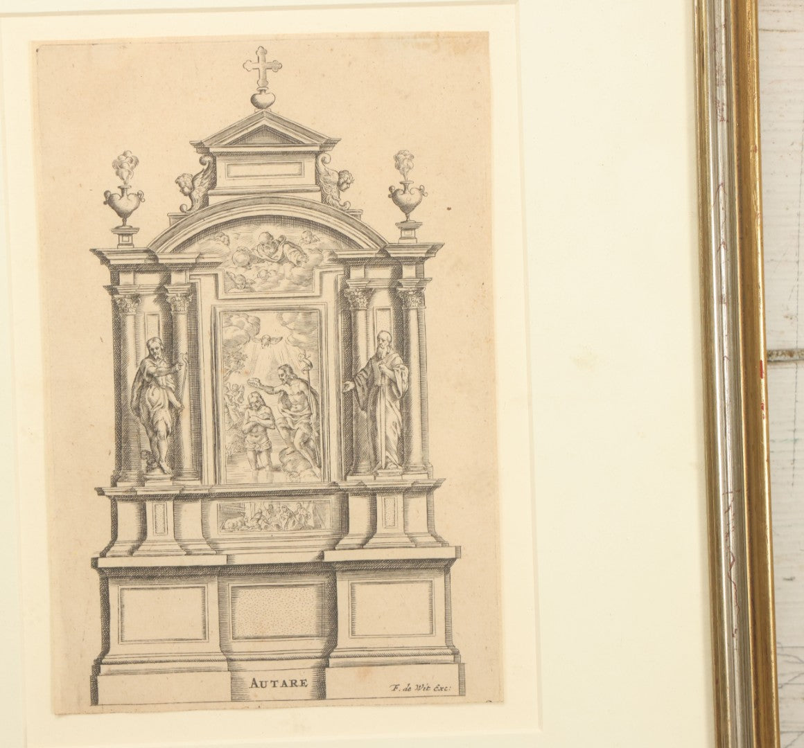 Lot 082 - Antique Religious Architectural Engraving, "Autare" (Altar), Depicting The Baptism Of Christ, Other Scenes, Published By Frederik De Wit (Dutch, C. 1629–1706), Circa Late 17th Century, In Frame, Overall Dimensions 13-1/4" x 17-1/4"