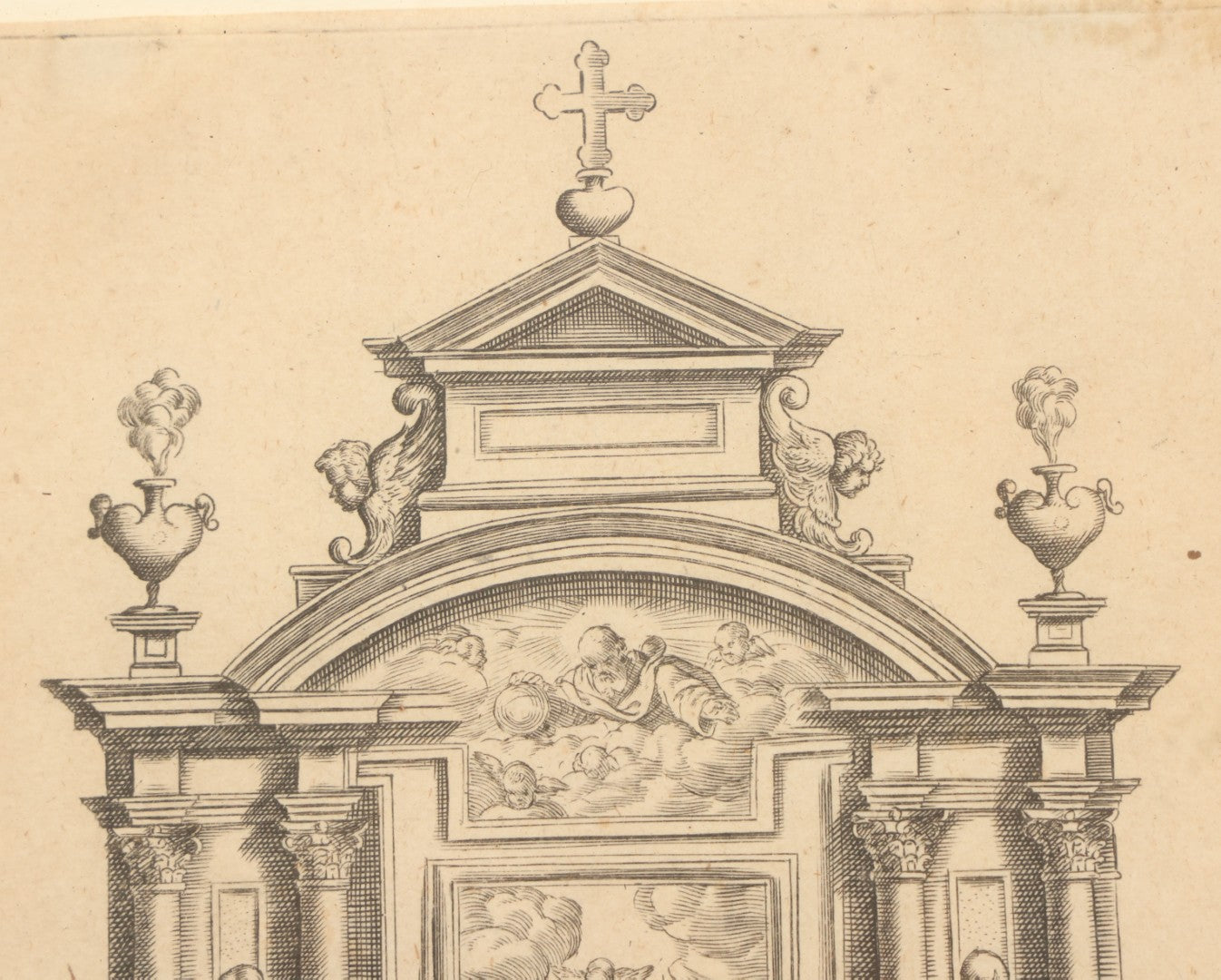 Lot 082 - Antique Religious Architectural Engraving, "Autare" (Altar), Depicting The Baptism Of Christ, Other Scenes, Published By Frederik De Wit (Dutch, C. 1629–1706), Circa Late 17th Century, In Frame, Overall Dimensions 13-1/4" x 17-1/4"