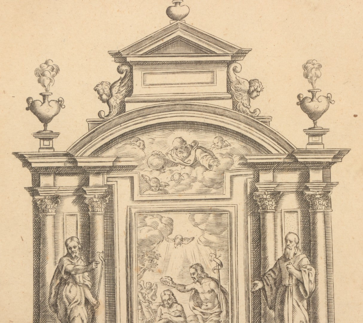 Lot 082 - Antique Religious Architectural Engraving, "Autare" (Altar), Depicting The Baptism Of Christ, Other Scenes, Published By Frederik De Wit (Dutch, C. 1629–1706), Circa Late 17th Century, In Frame, Overall Dimensions 13-1/4" x 17-1/4"