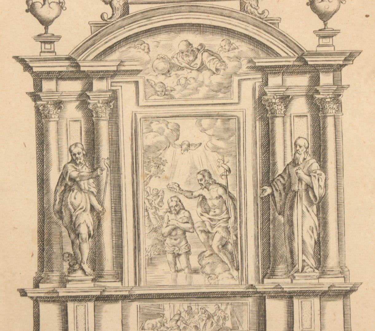 Lot 082 - Antique Religious Architectural Engraving, "Autare" (Altar), Depicting The Baptism Of Christ, Other Scenes, Published By Frederik De Wit (Dutch, C. 1629–1706), Circa Late 17th Century, In Frame, Overall Dimensions 13-1/4" x 17-1/4"