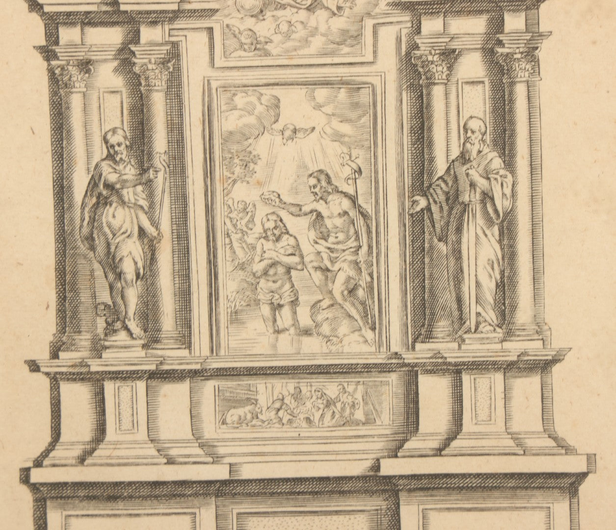 Lot 082 - Antique Religious Architectural Engraving, "Autare" (Altar), Depicting The Baptism Of Christ, Other Scenes, Published By Frederik De Wit (Dutch, C. 1629–1706), Circa Late 17th Century, In Frame, Overall Dimensions 13-1/4" x 17-1/4"