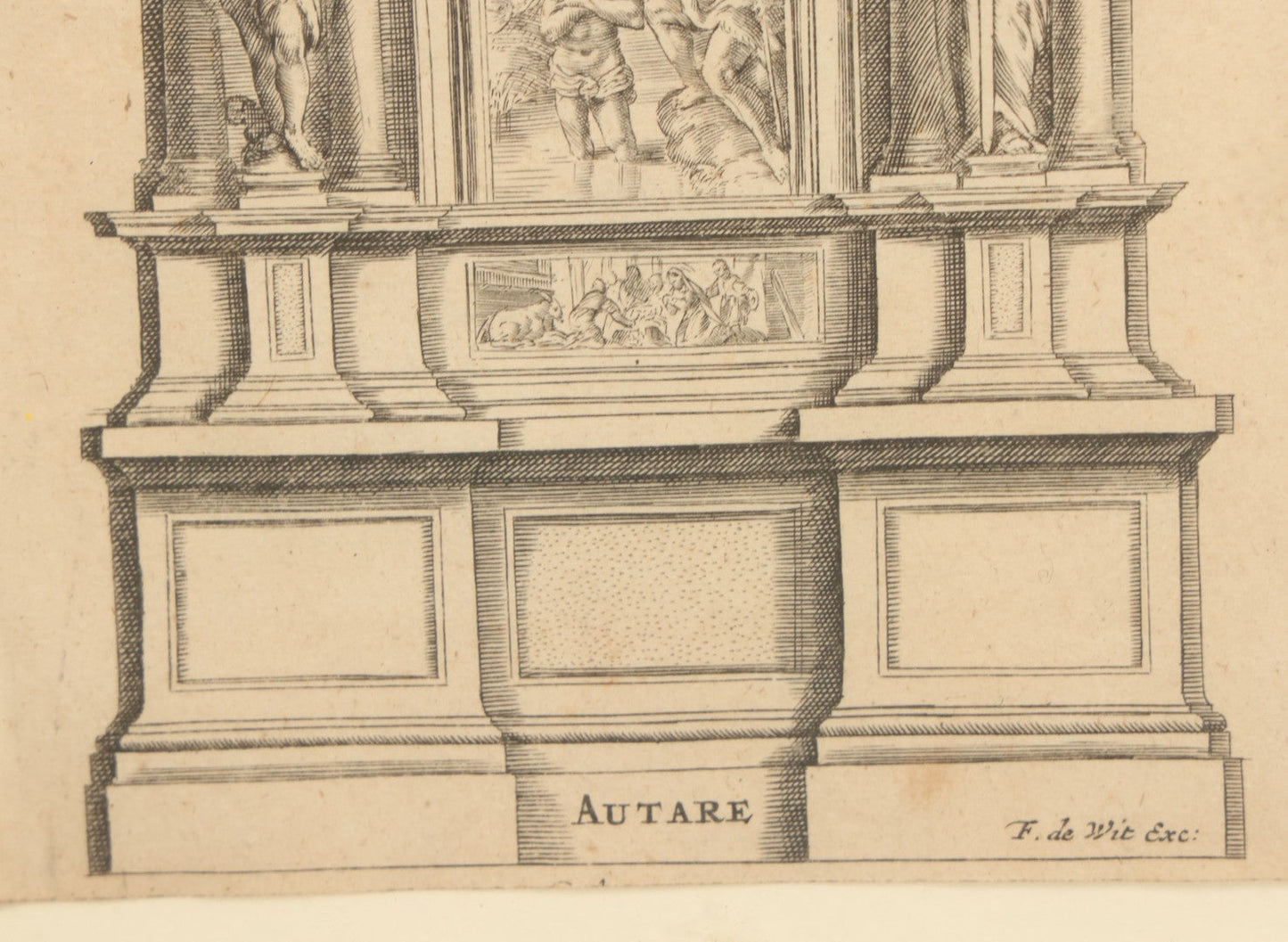 Lot 082 - Antique Religious Architectural Engraving, "Autare" (Altar), Depicting The Baptism Of Christ, Other Scenes, Published By Frederik De Wit (Dutch, C. 1629–1706), Circa Late 17th Century, In Frame, Overall Dimensions 13-1/4" x 17-1/4"
