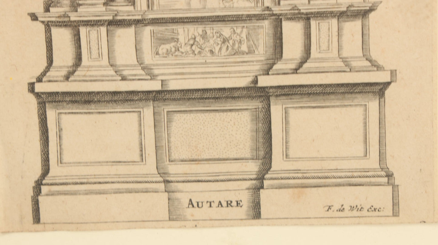 Lot 082 - Antique Religious Architectural Engraving, "Autare" (Altar), Depicting The Baptism Of Christ, Other Scenes, Published By Frederik De Wit (Dutch, C. 1629–1706), Circa Late 17th Century, In Frame, Overall Dimensions 13-1/4" x 17-1/4"