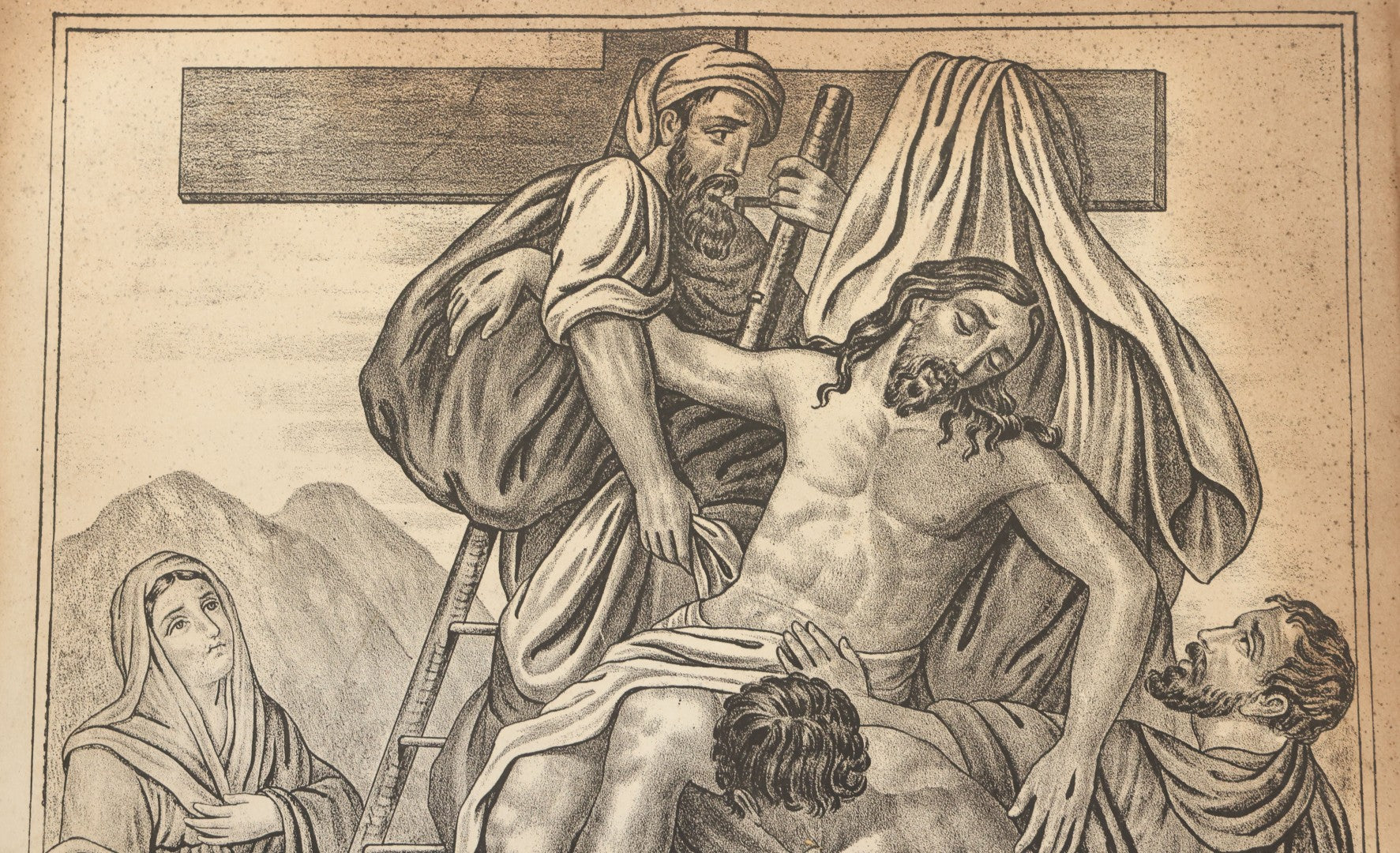 Lot 083 - Antique Christian Religious Lithograph Print, “Gesù Discese Dalla Croce” ("Jesus Is Taken Down From The Cross"), Italian, In Frame, Note No Glass In Frame, Overall Dimensions 15-3/4" x 19-3/4"