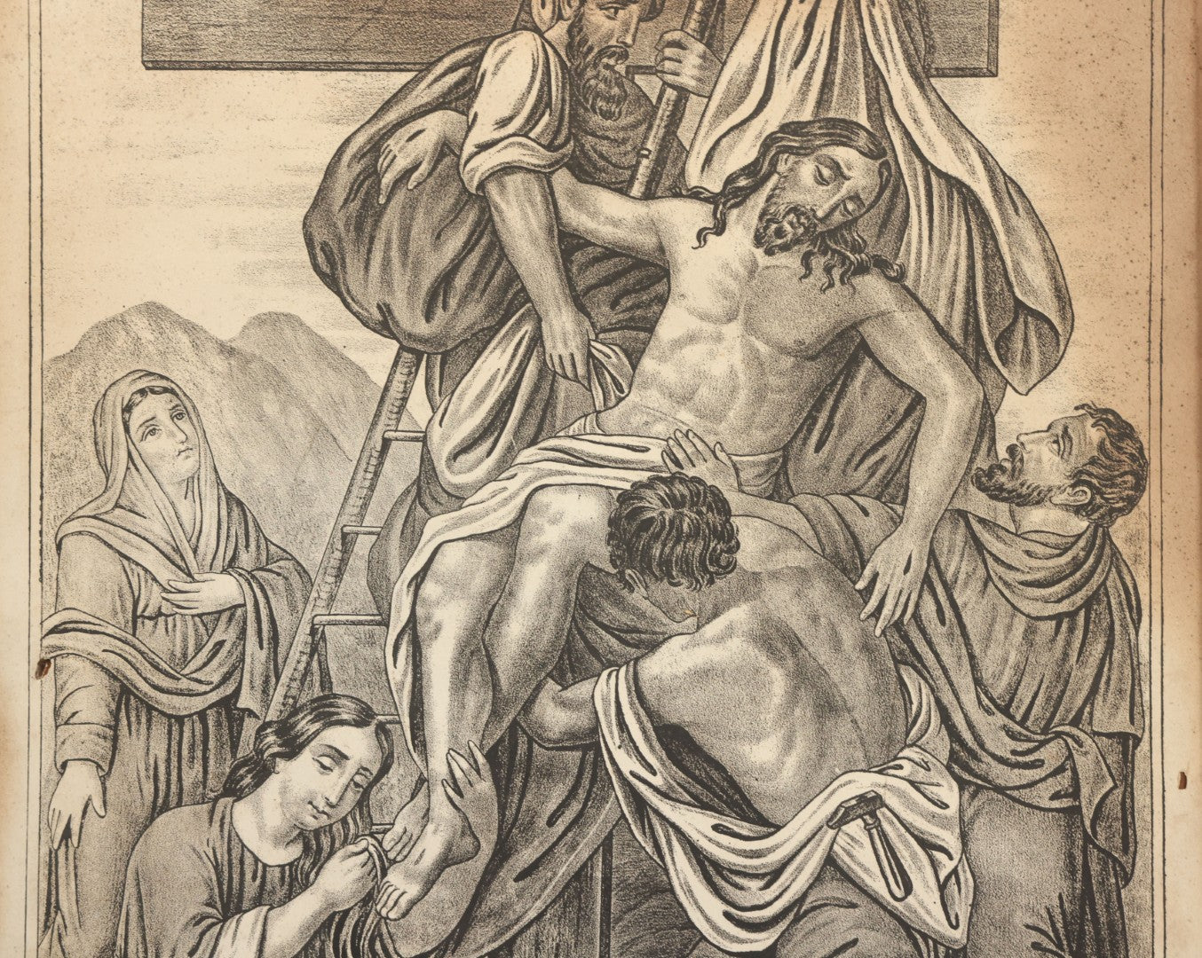 Lot 083 - Antique Christian Religious Lithograph Print, “Gesù Discese Dalla Croce” ("Jesus Is Taken Down From The Cross"), Italian, In Frame, Note No Glass In Frame, Overall Dimensions 15-3/4" x 19-3/4"
