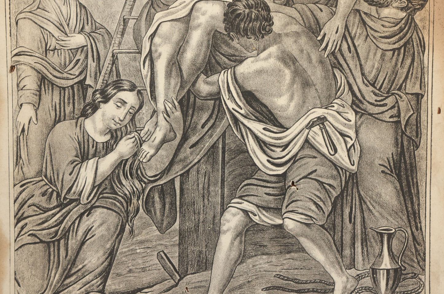 Lot 083 - Antique Christian Religious Lithograph Print, “Gesù Discese Dalla Croce” ("Jesus Is Taken Down From The Cross"), Italian, In Frame, Note No Glass In Frame, Overall Dimensions 15-3/4" x 19-3/4"