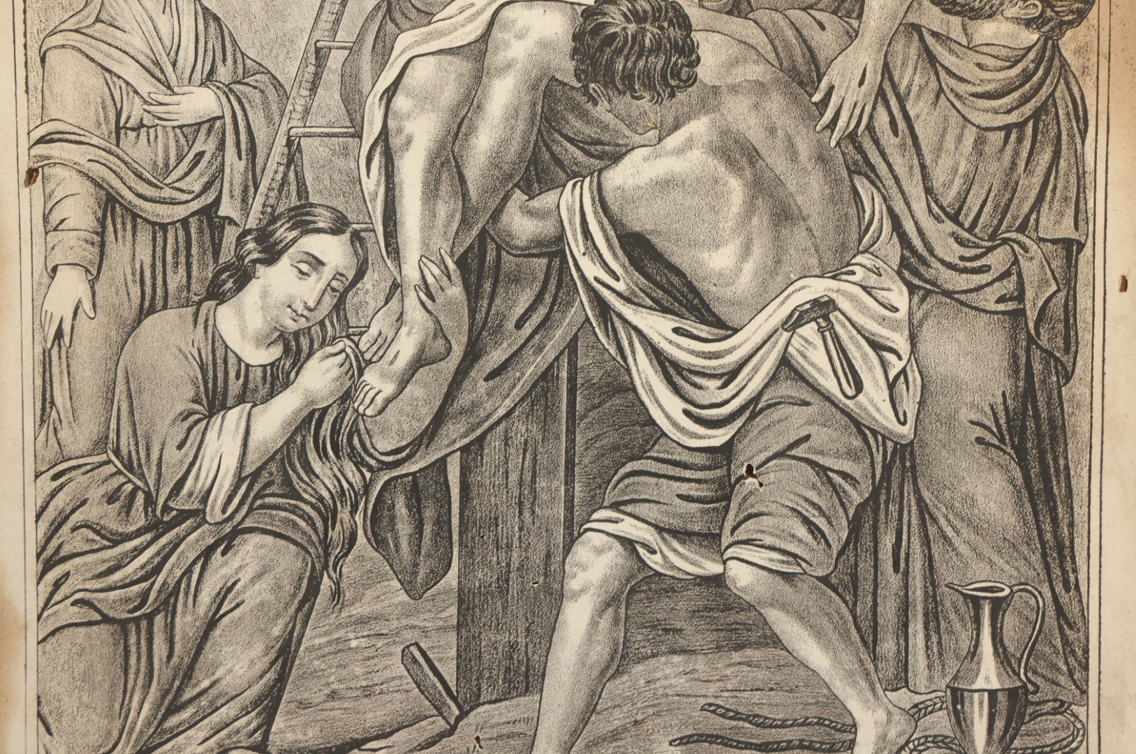 Lot 083 - Antique Christian Religious Lithograph Print, “Gesù Discese Dalla Croce” ("Jesus Is Taken Down From The Cross"), Italian, In Frame, Note No Glass In Frame, Overall Dimensions 15-3/4" x 19-3/4"