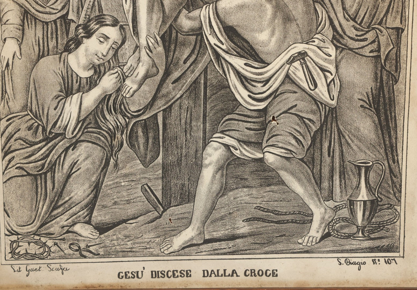 Lot 083 - Antique Christian Religious Lithograph Print, “Gesù Discese Dalla Croce” ("Jesus Is Taken Down From The Cross"), Italian, In Frame, Note No Glass In Frame, Overall Dimensions 15-3/4" x 19-3/4"