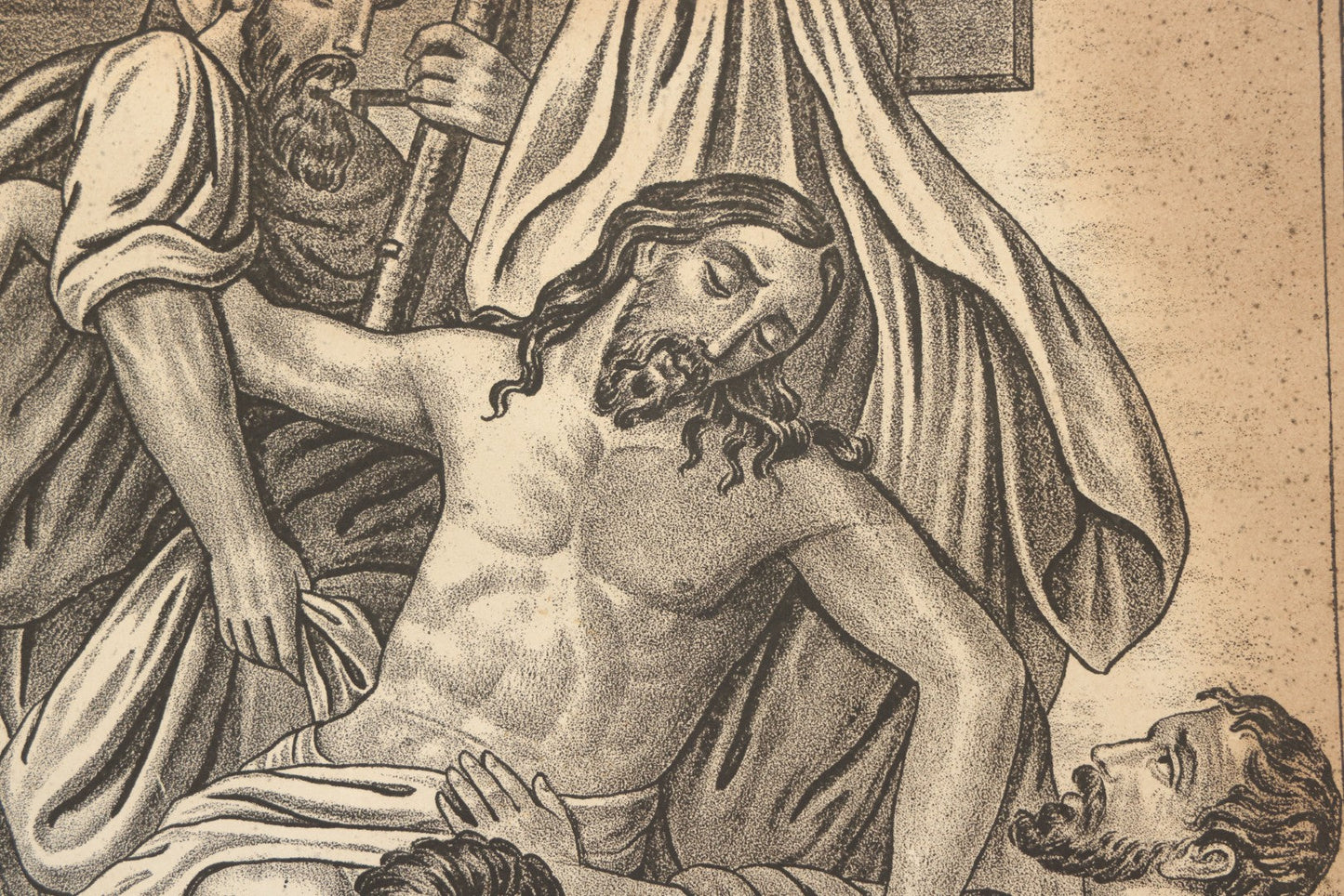 Lot 083 - Antique Christian Religious Lithograph Print, “Gesù Discese Dalla Croce” ("Jesus Is Taken Down From The Cross"), Italian, In Frame, Note No Glass In Frame, Overall Dimensions 15-3/4" x 19-3/4"