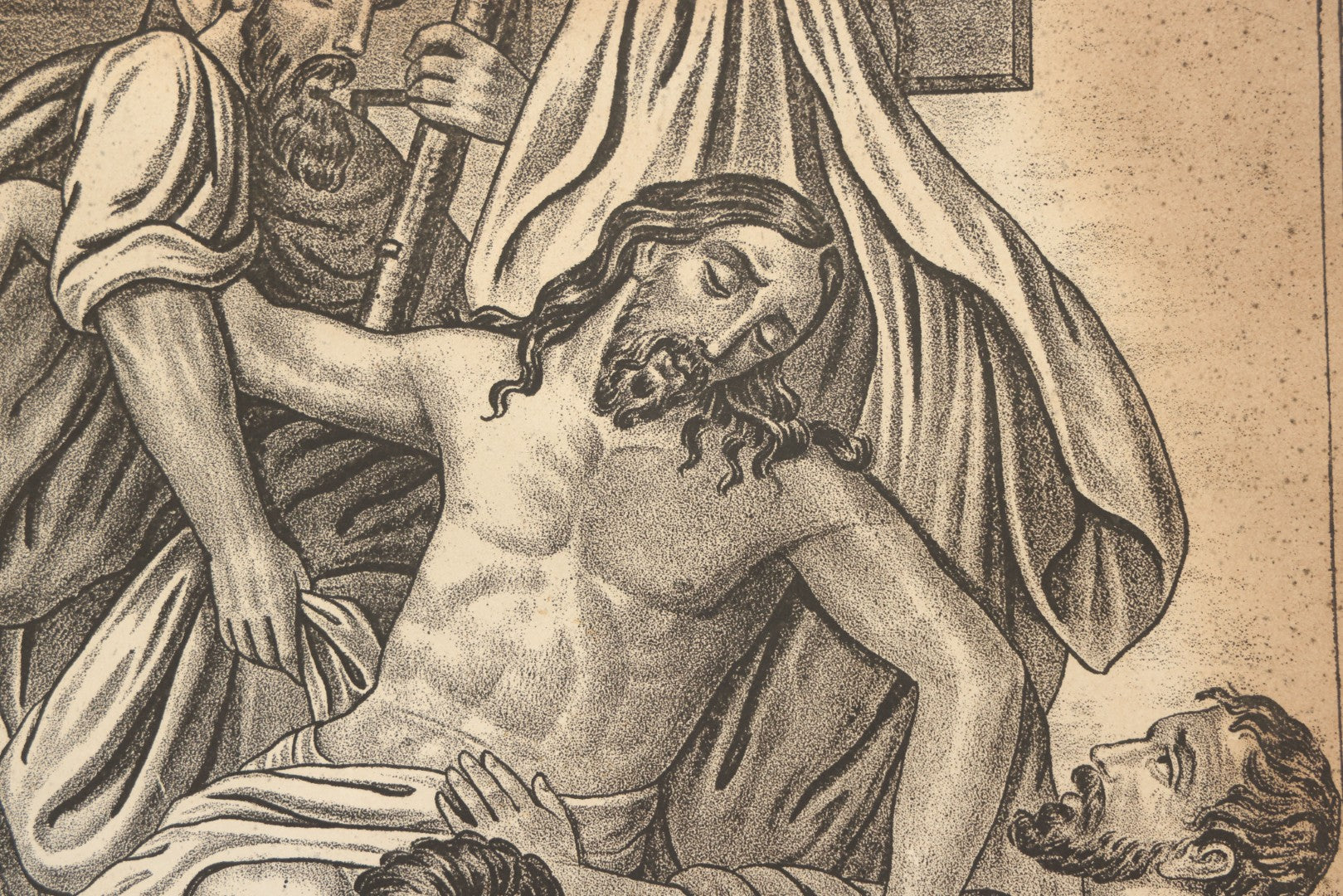 Lot 083 - Antique Christian Religious Lithograph Print, “Gesù Discese Dalla Croce” ("Jesus Is Taken Down From The Cross"), Italian, In Frame, Note No Glass In Frame, Overall Dimensions 15-3/4" x 19-3/4"