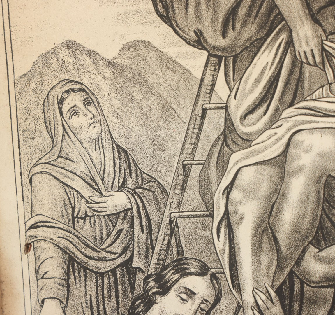 Lot 083 - Antique Christian Religious Lithograph Print, “Gesù Discese Dalla Croce” ("Jesus Is Taken Down From The Cross"), Italian, In Frame, Note No Glass In Frame, Overall Dimensions 15-3/4" x 19-3/4"