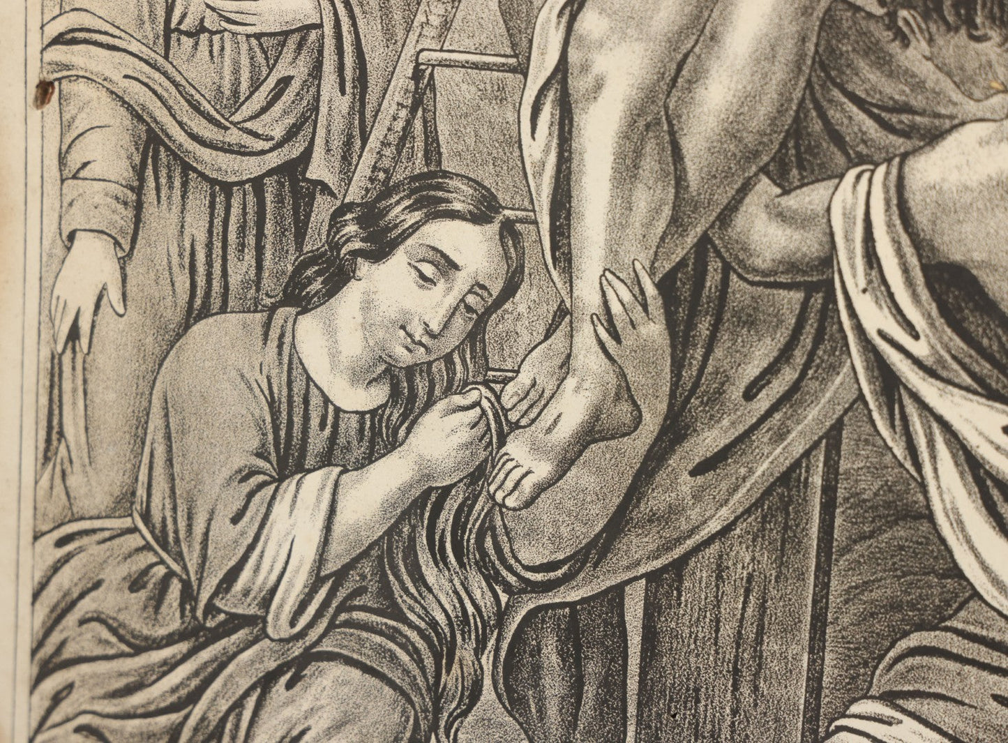 Lot 083 - Antique Christian Religious Lithograph Print, “Gesù Discese Dalla Croce” ("Jesus Is Taken Down From The Cross"), Italian, In Frame, Note No Glass In Frame, Overall Dimensions 15-3/4" x 19-3/4"