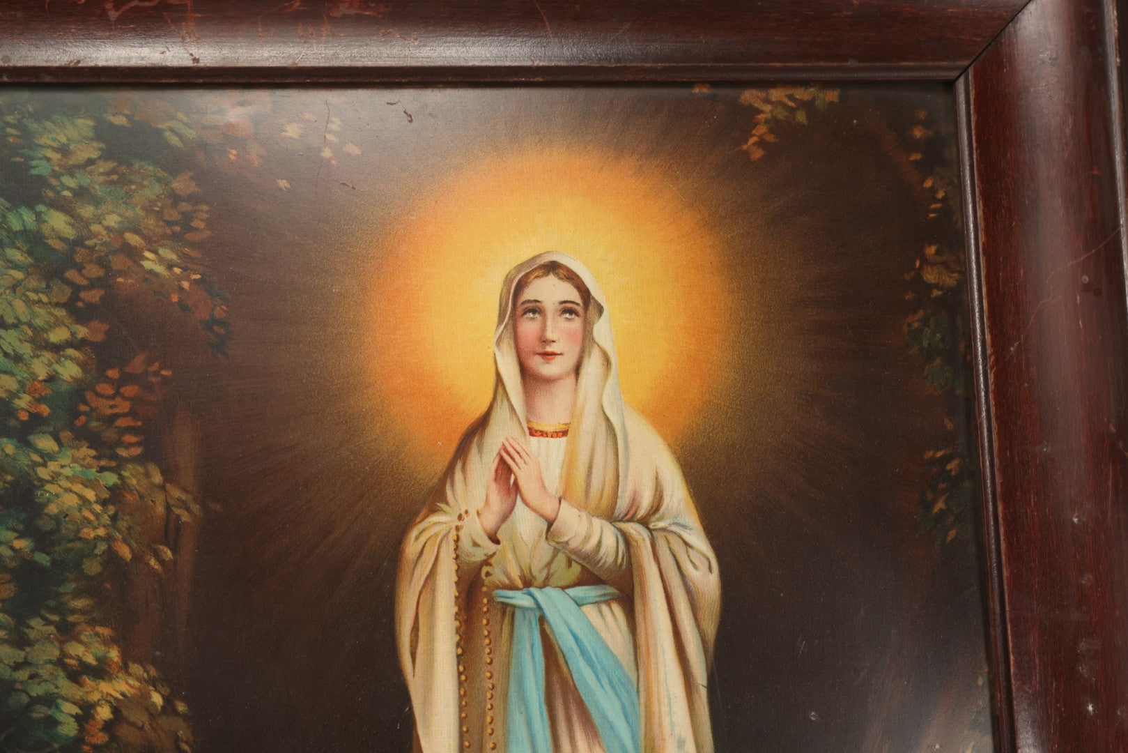 Lot 084 - Antique Christian Religious Tin Lithograph Print, Our Lady Of Lourdes, Virgin Mary Apparition, In Frame, Overall Dimensions 22" x 28"