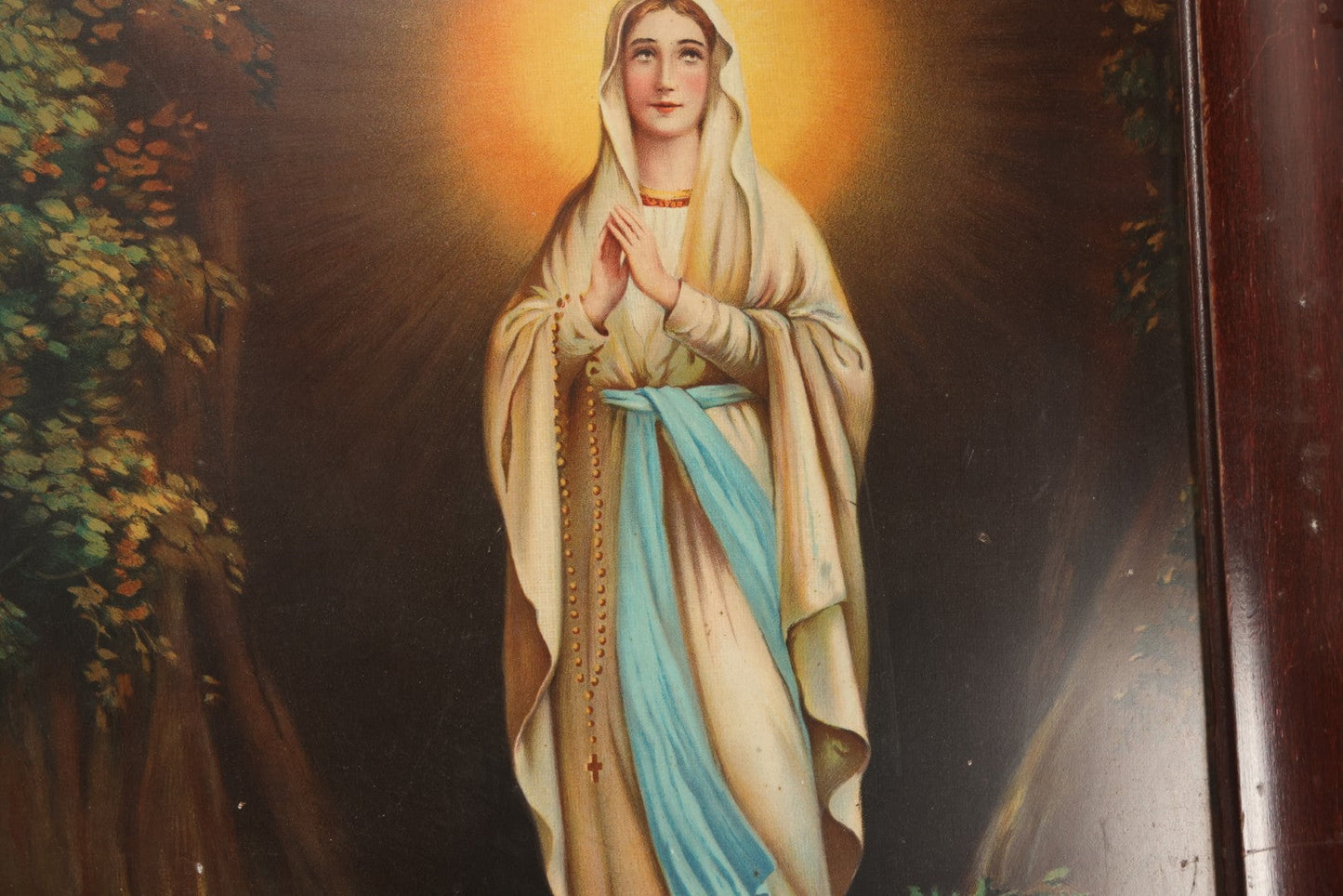 Lot 084 - Antique Christian Religious Tin Lithograph Print, Our Lady Of Lourdes, Virgin Mary Apparition, In Frame, Overall Dimensions 22" x 28"