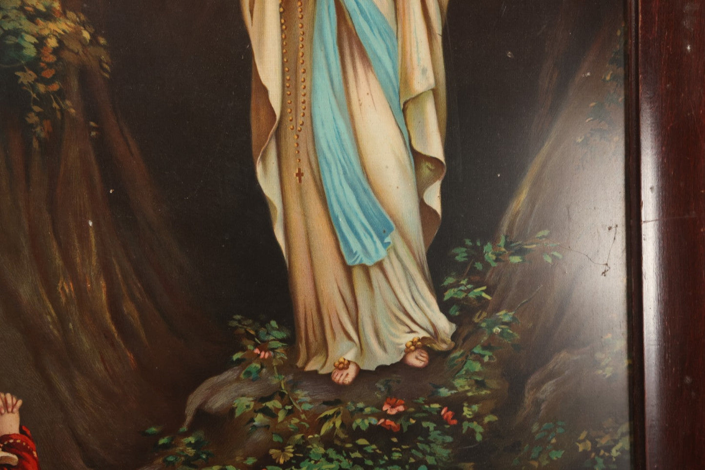 Lot 084 - Antique Christian Religious Tin Lithograph Print, Our Lady Of Lourdes, Virgin Mary Apparition, In Frame, Overall Dimensions 22" x 28"