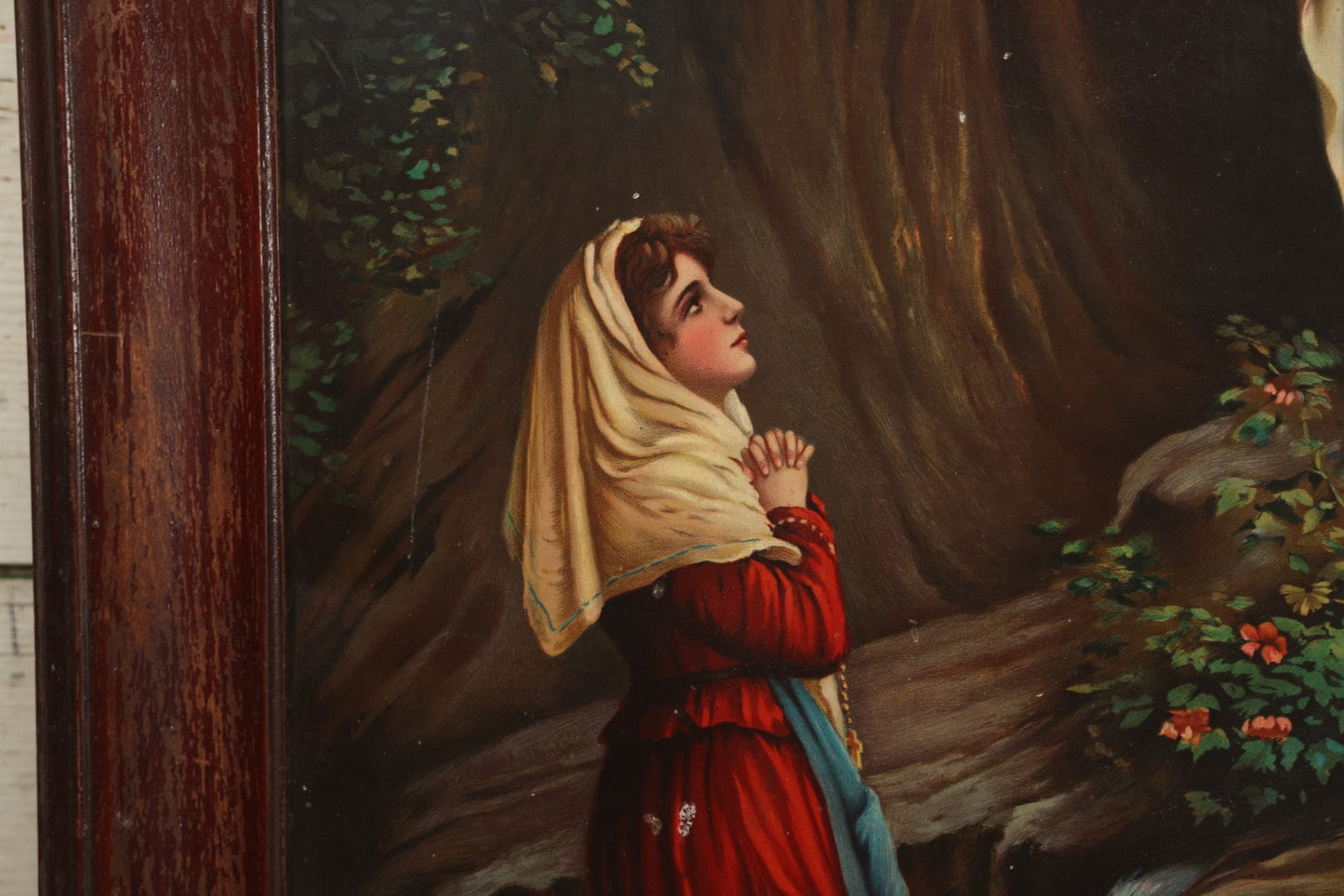Lot 084 - Antique Christian Religious Tin Lithograph Print, Our Lady Of Lourdes, Virgin Mary Apparition, In Frame, Overall Dimensions 22" x 28"