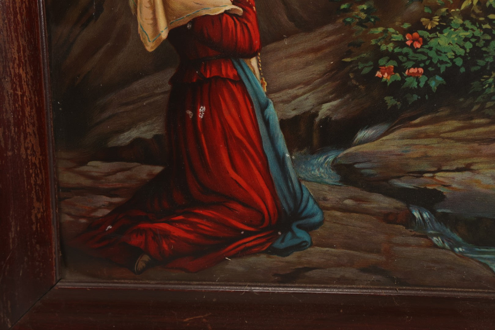 Lot 084 - Antique Christian Religious Tin Lithograph Print, Our Lady Of Lourdes, Virgin Mary Apparition, In Frame, Overall Dimensions 22" x 28"