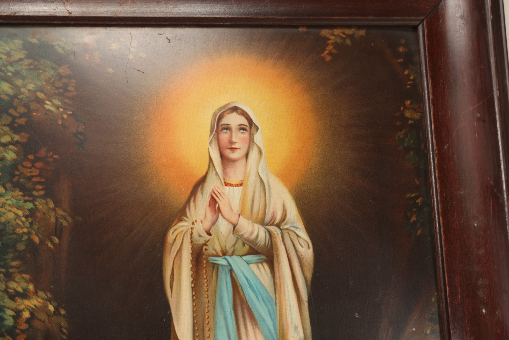 Lot 084 - Antique Christian Religious Tin Lithograph Print, Our Lady Of Lourdes, Virgin Mary Apparition, In Frame, Overall Dimensions 22" x 28"