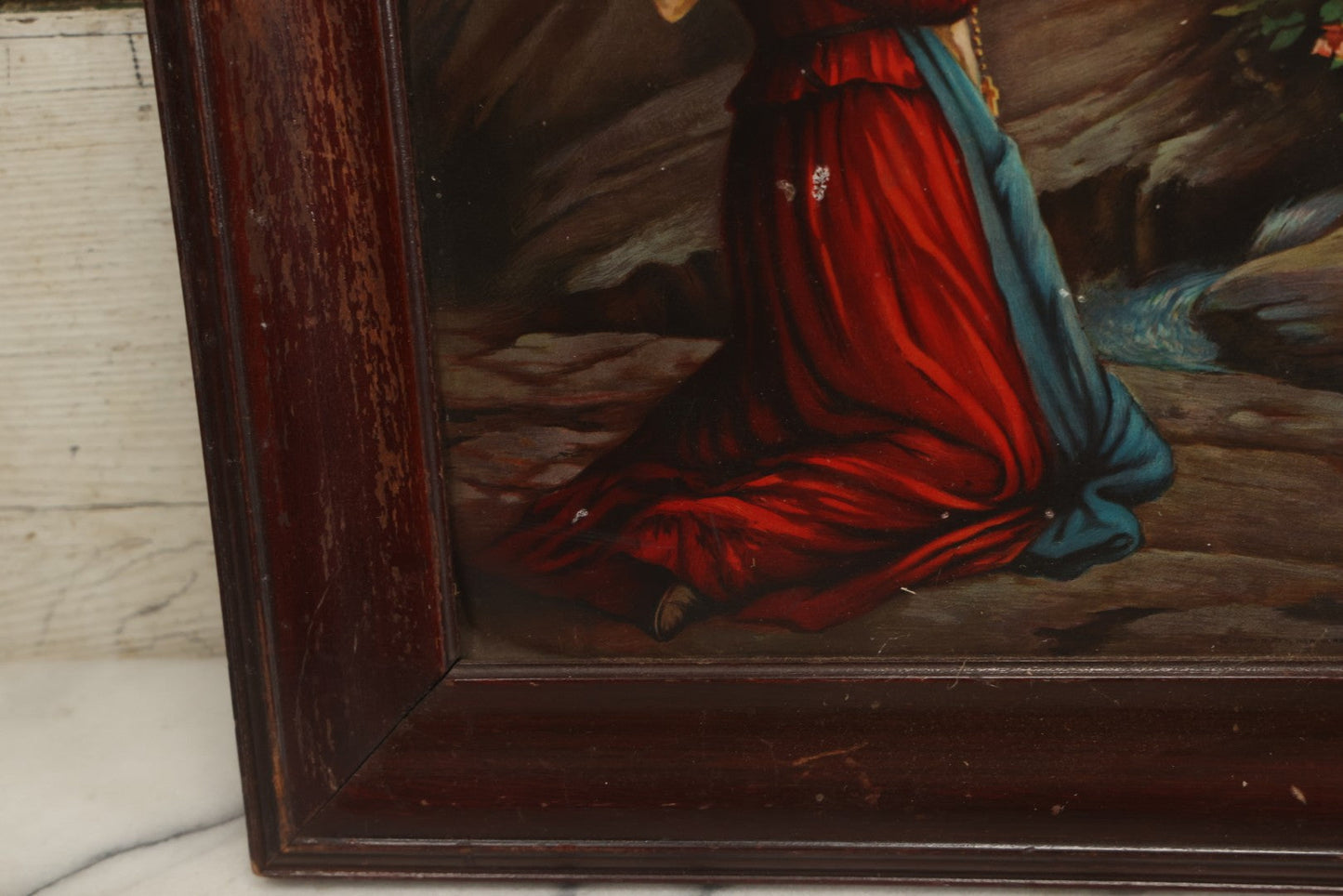 Lot 084 - Antique Christian Religious Tin Lithograph Print, Our Lady Of Lourdes, Virgin Mary Apparition, In Frame, Overall Dimensions 22" x 28"