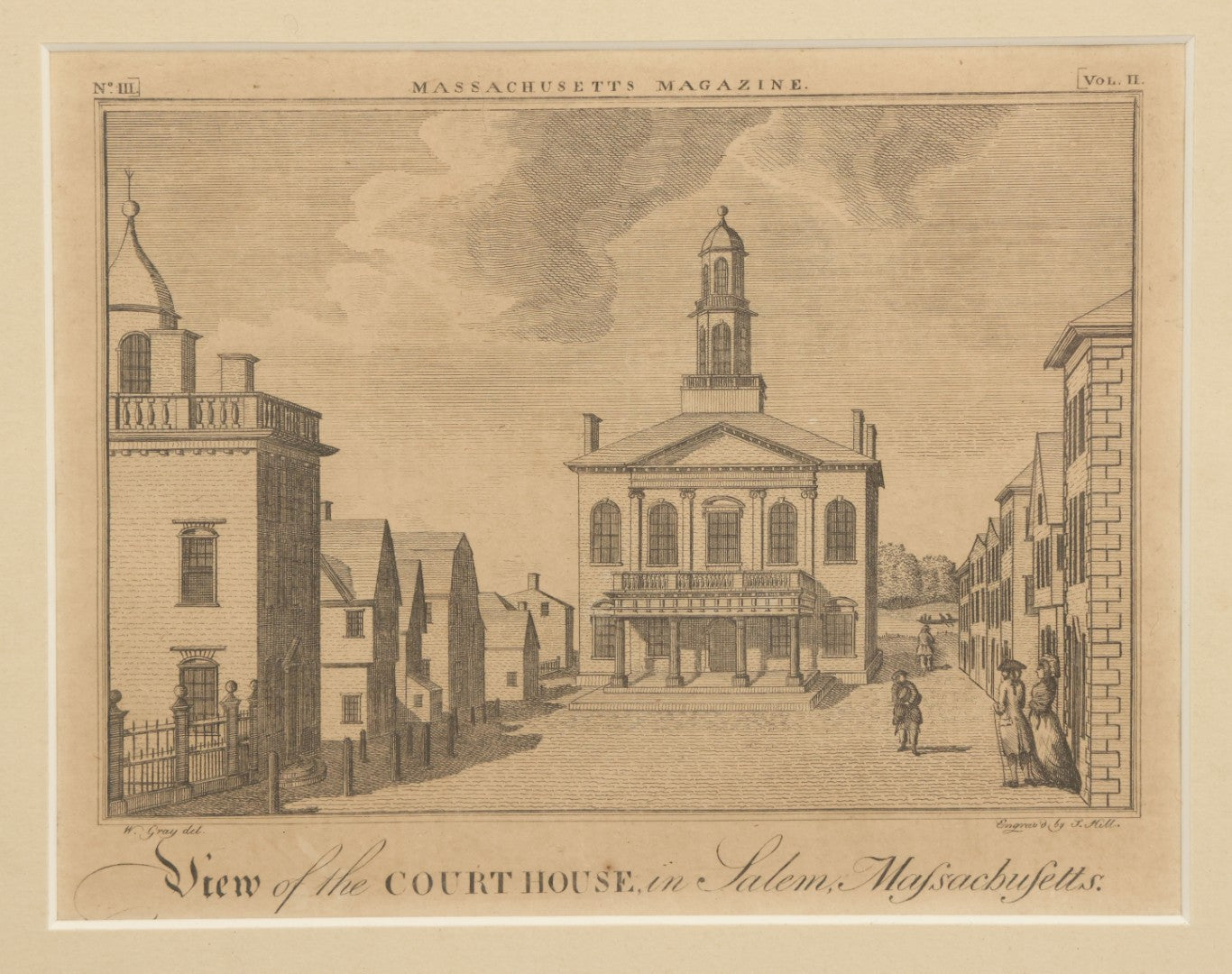 Lot 087 - Antique Engraving Print, View Of The Courthouse In Salem, Massachusetts, From Massachusetts Magazine, No. III, Vol II, Engraved By S. Hill After W. Gray, Circa 1790, In Frame, Overall Dimensions 11-3/4" x 10-1/2"