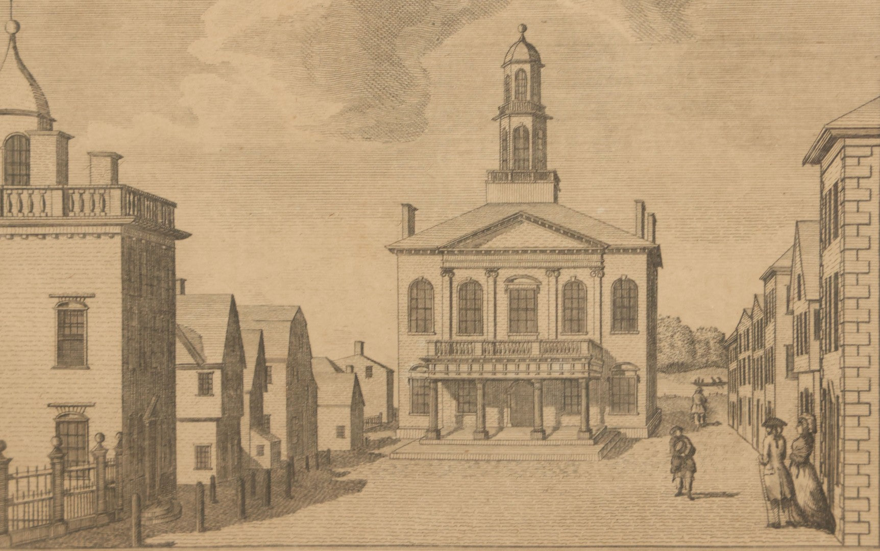 Lot 087 - Antique Engraving Print, View Of The Courthouse In Salem, Massachusetts, From Massachusetts Magazine, No. III, Vol II, Engraved By S. Hill After W. Gray, Circa 1790, In Frame, Overall Dimensions 11-3/4" x 10-1/2"