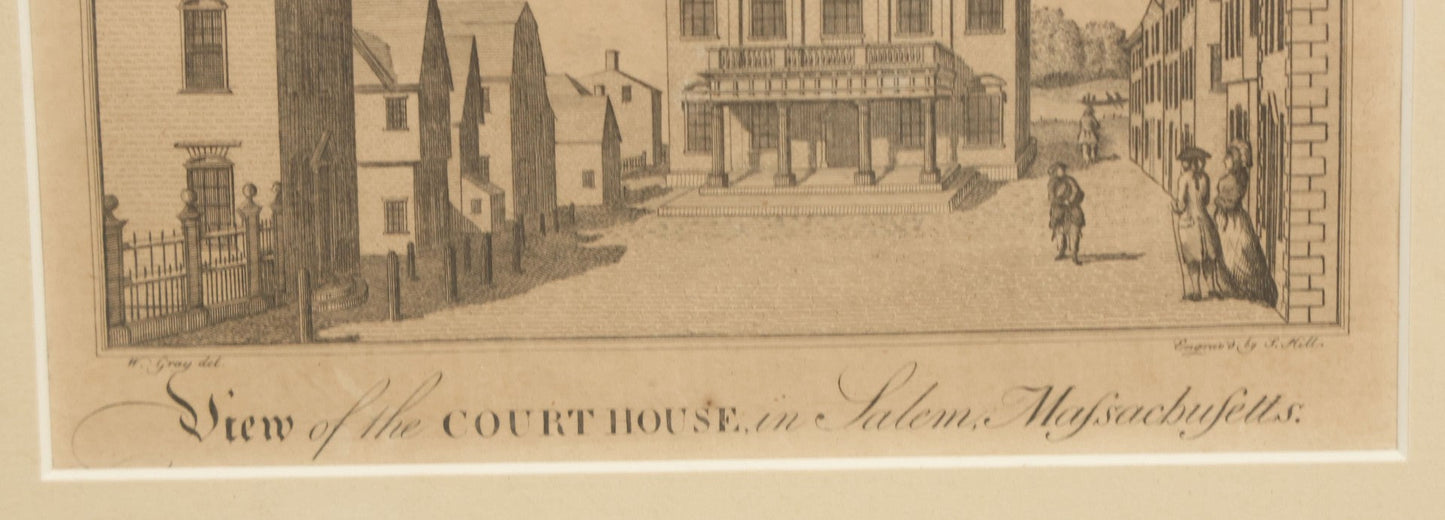 Lot 087 - Antique Engraving Print, View Of The Courthouse In Salem, Massachusetts, From Massachusetts Magazine, No. III, Vol II, Engraved By S. Hill After W. Gray, Circa 1790, In Frame, Overall Dimensions 11-3/4" x 10-1/2"