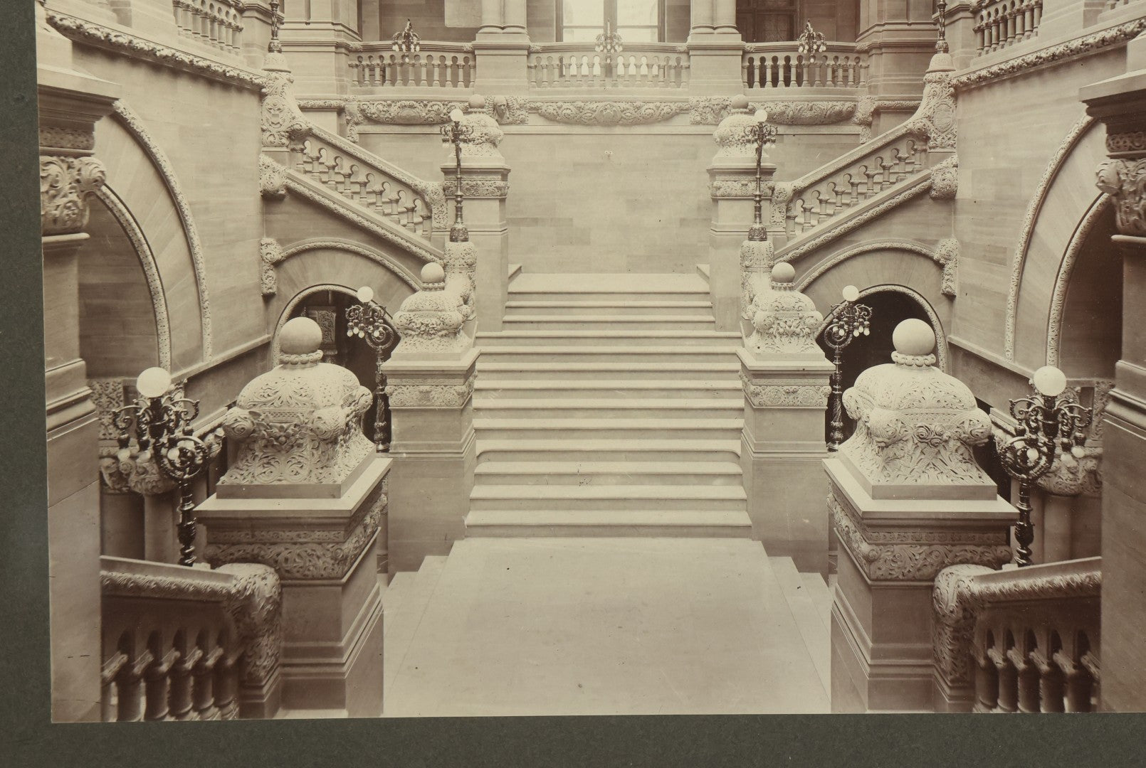 Lot 089 - Antique Framed Boarded Photo Of The New York State Capitol Building Interior, Great Western Staircase A.K.A. "Million Dollar Staircase", Albany, New York, Circa 1899 (View A - From Front), Overall Dimensions 15-5/8" x 12-5/8"