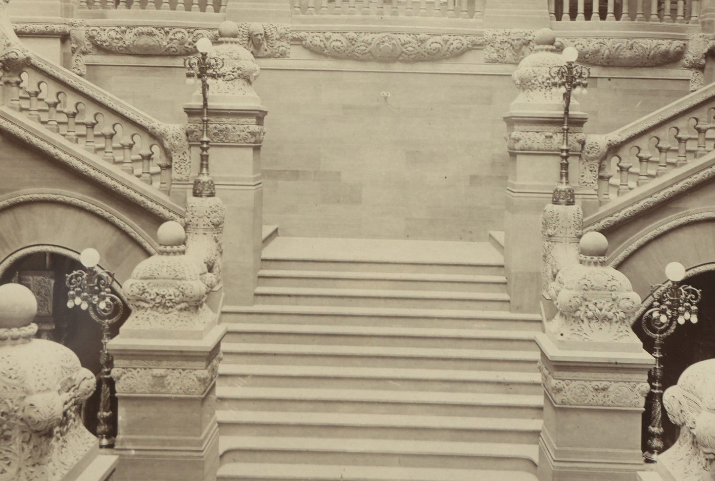 Lot 089 - Antique Framed Boarded Photo Of The New York State Capitol Building Interior, Great Western Staircase A.K.A. "Million Dollar Staircase", Albany, New York, Circa 1899 (View A - From Front), Overall Dimensions 15-5/8" x 12-5/8"
