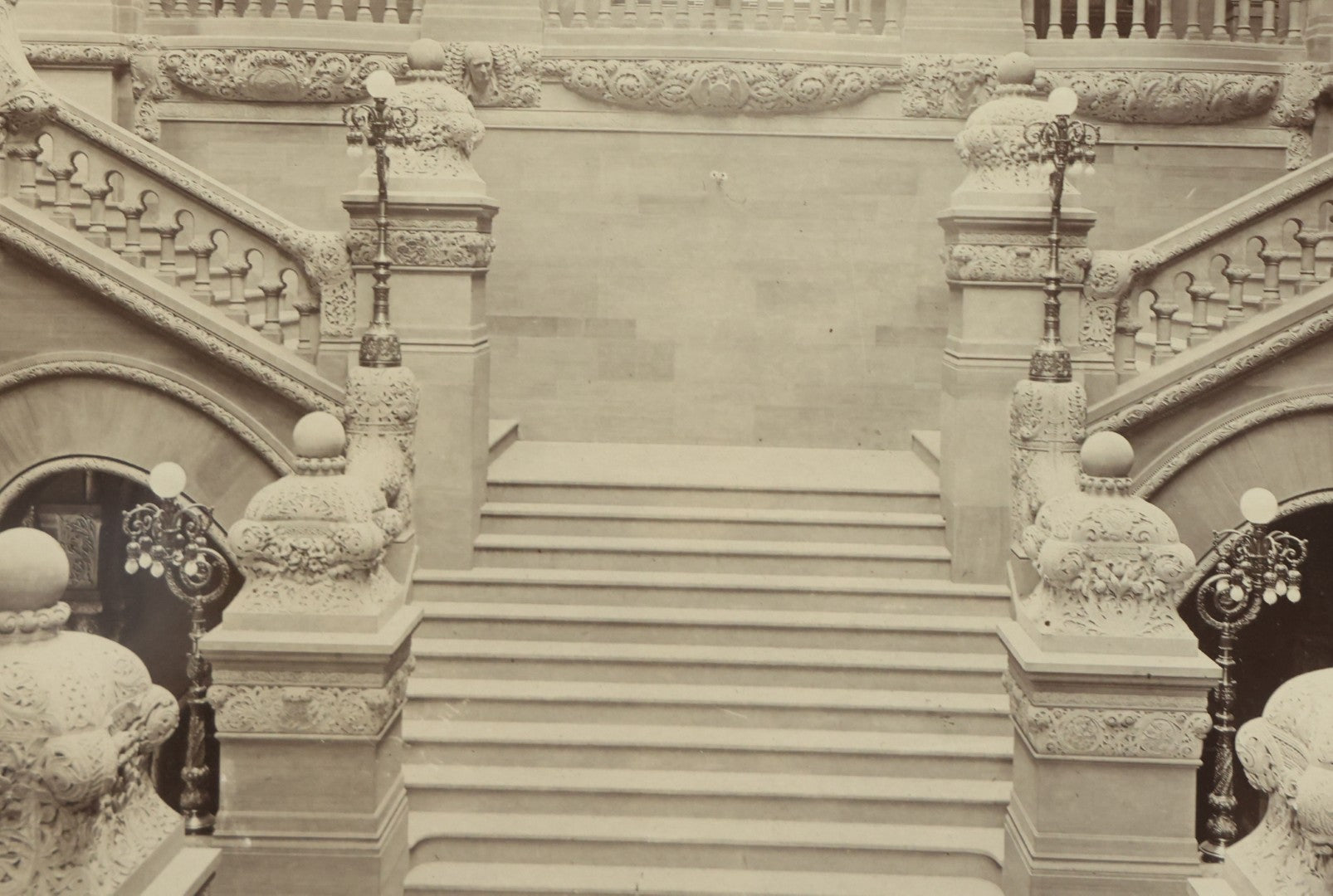 Lot 089 - Antique Framed Boarded Photo Of The New York State Capitol Building Interior, Great Western Staircase A.K.A. "Million Dollar Staircase", Albany, New York, Circa 1899 (View A - From Front), Overall Dimensions 15-5/8" x 12-5/8"