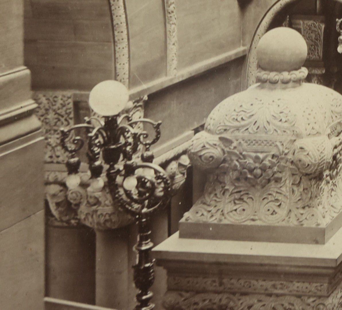 Lot 089 - Antique Framed Boarded Photo Of The New York State Capitol Building Interior, Great Western Staircase A.K.A. "Million Dollar Staircase", Albany, New York, Circa 1899 (View A - From Front), Overall Dimensions 15-5/8" x 12-5/8"