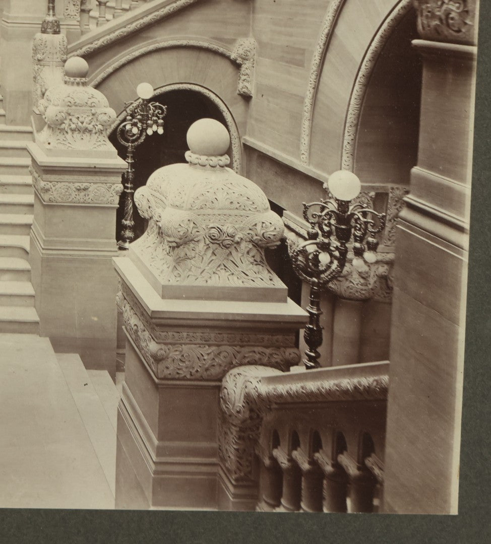 Lot 089 - Antique Framed Boarded Photo Of The New York State Capitol Building Interior, Great Western Staircase A.K.A. "Million Dollar Staircase", Albany, New York, Circa 1899 (View A - From Front), Overall Dimensions 15-5/8" x 12-5/8"