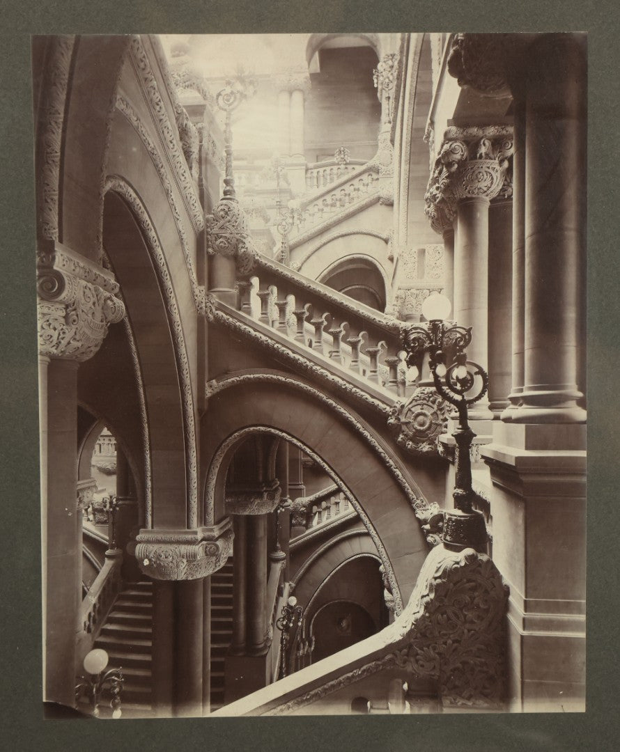 Lot 090 - Antique Framed Boarded Photo Of The New York State Capitol Building Interior, Great Western Staircase A.K.A. "Million Dollar Staircase", Albany, New York, Circa 1899 (View B - From Side, Below), Overall Dimensions 12-5/8" x 15-5/8"
