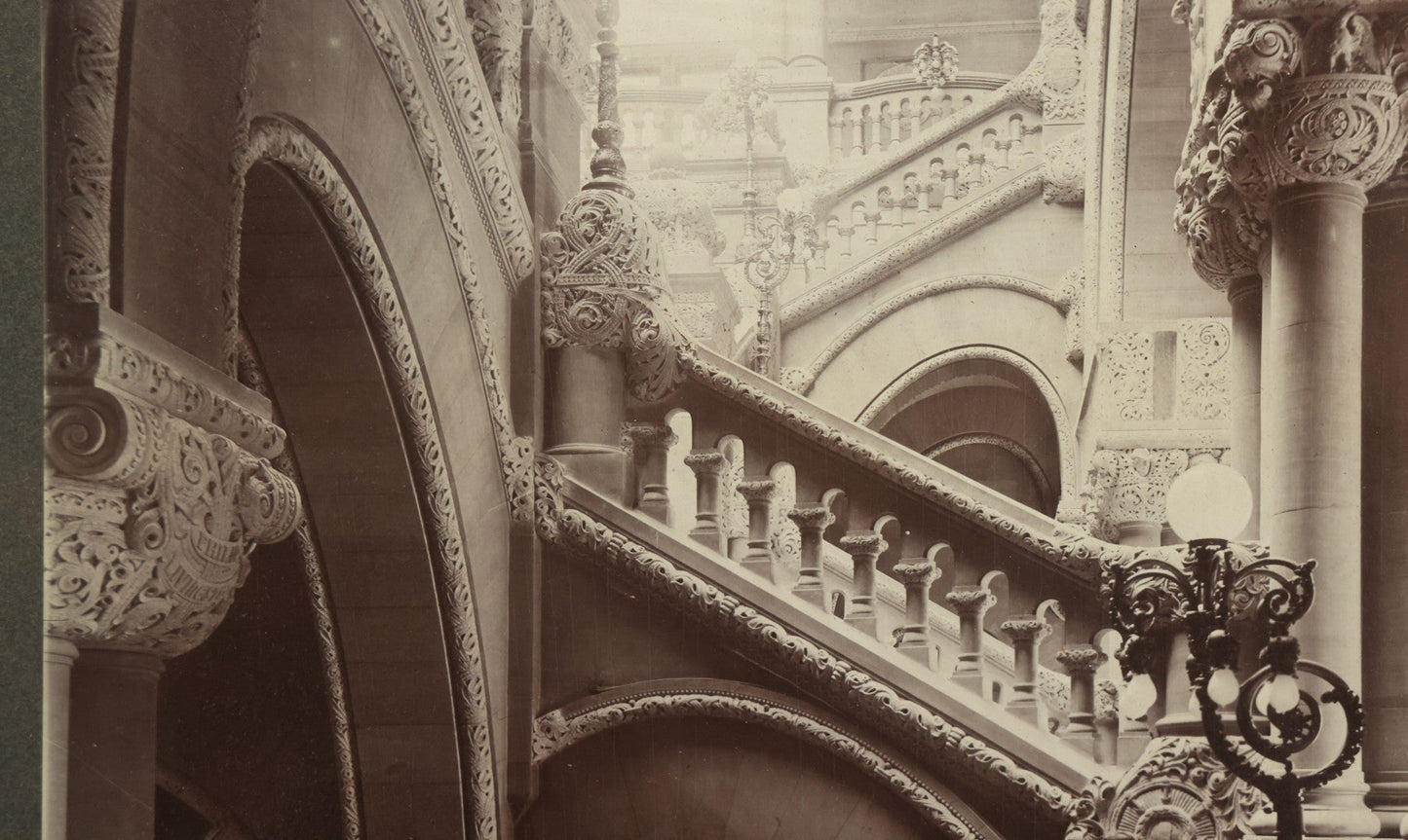 Lot 090 - Antique Framed Boarded Photo Of The New York State Capitol Building Interior, Great Western Staircase A.K.A. "Million Dollar Staircase", Albany, New York, Circa 1899 (View B - From Side, Below), Overall Dimensions 12-5/8" x 15-5/8"