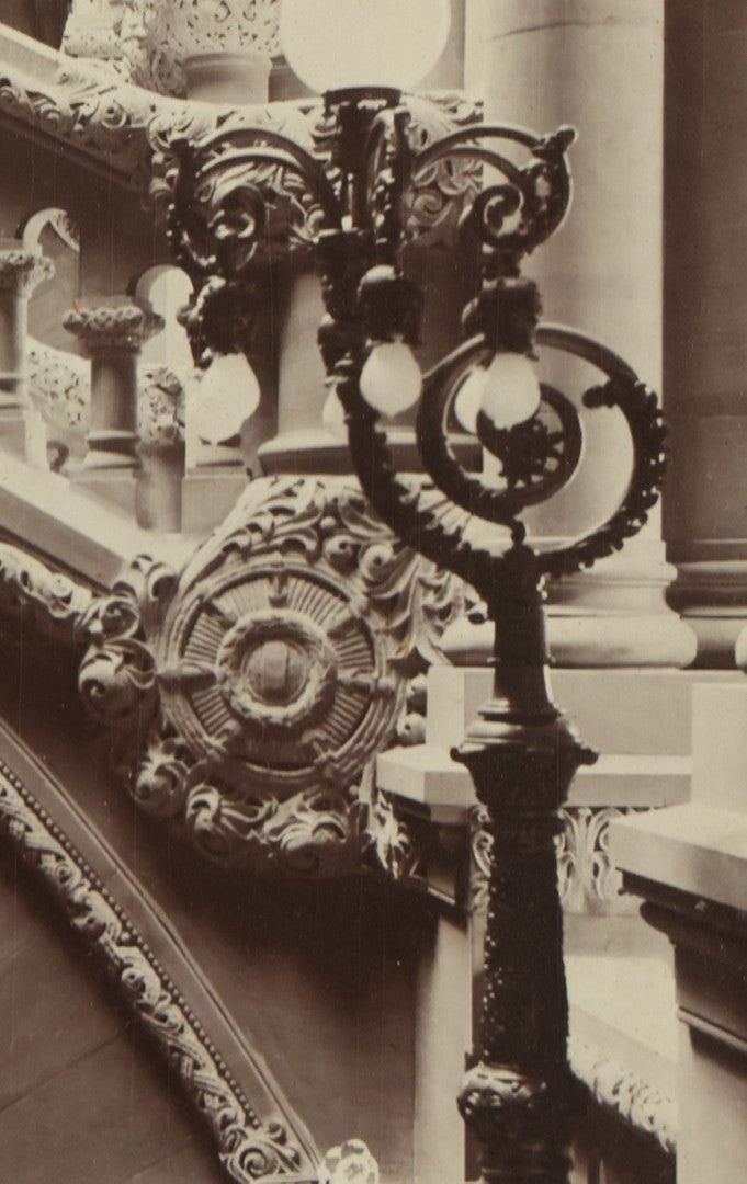Lot 090 - Antique Framed Boarded Photo Of The New York State Capitol Building Interior, Great Western Staircase A.K.A. "Million Dollar Staircase", Albany, New York, Circa 1899 (View B - From Side, Below), Overall Dimensions 12-5/8" x 15-5/8"
