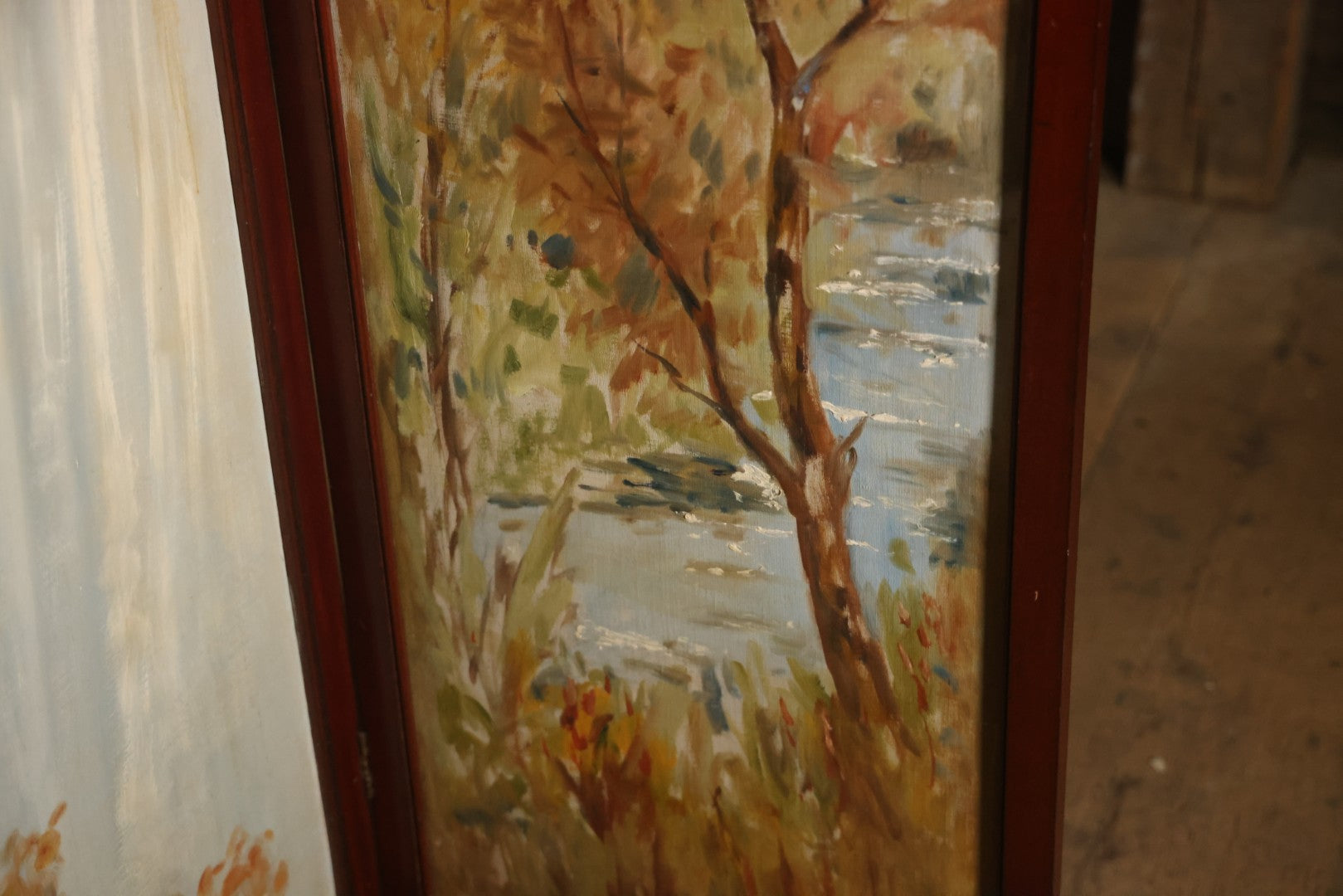 Antique Three Section Room Divider Screen With Hand Painted Scenes Of Dogs, Including Pitbull Dog And Her Pups, Two Dogs Looking At Moon, Three Dogs Chasing Cat Up Tree, Artist Signed E. Underwood, 1908, Landscape, Waterfall Scenes On Verso