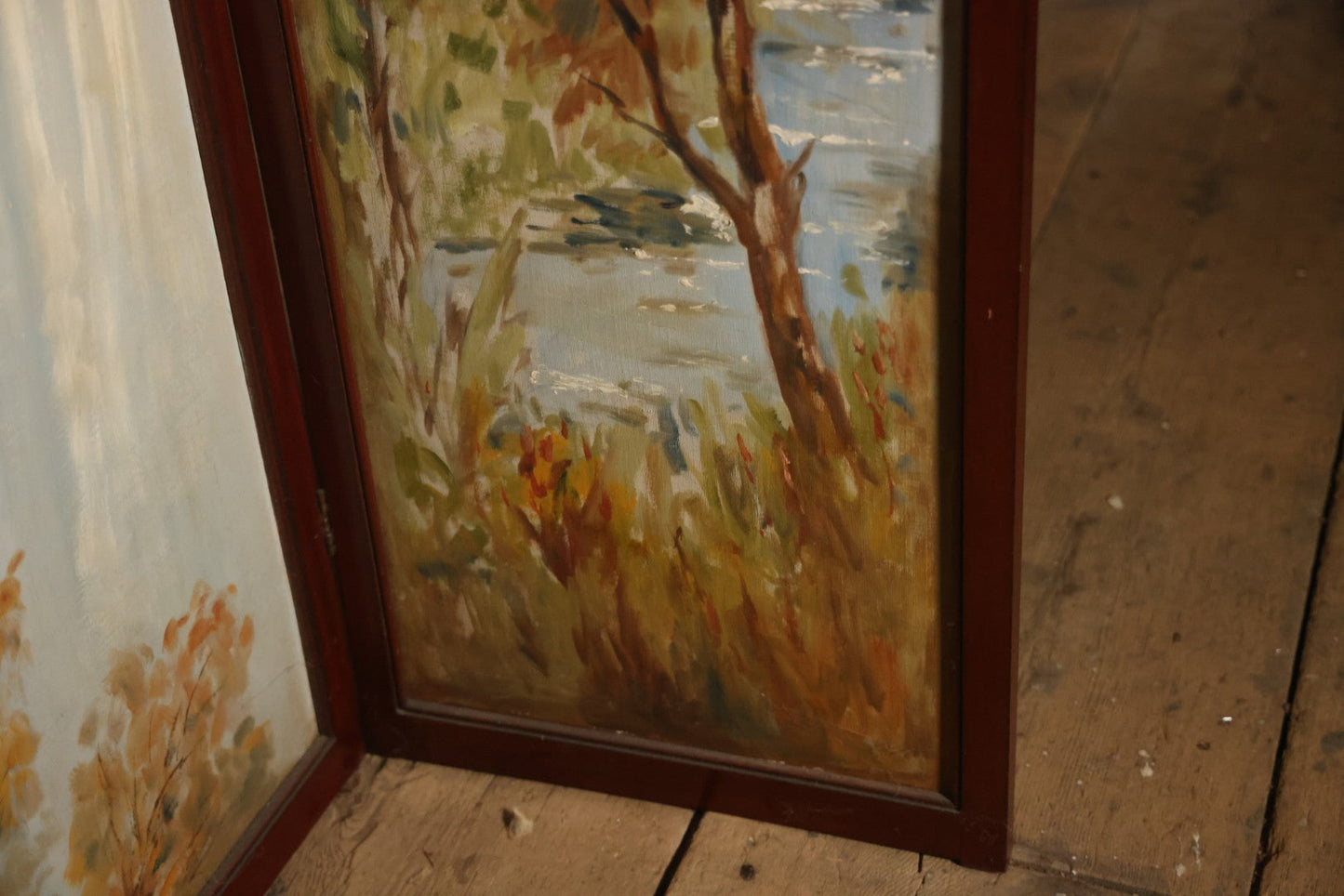 Antique Three Section Room Divider Screen With Hand Painted Scenes Of Dogs, Including Pitbull Dog And Her Pups, Two Dogs Looking At Moon, Three Dogs Chasing Cat Up Tree, Artist Signed E. Underwood, 1908, Landscape, Waterfall Scenes On Verso